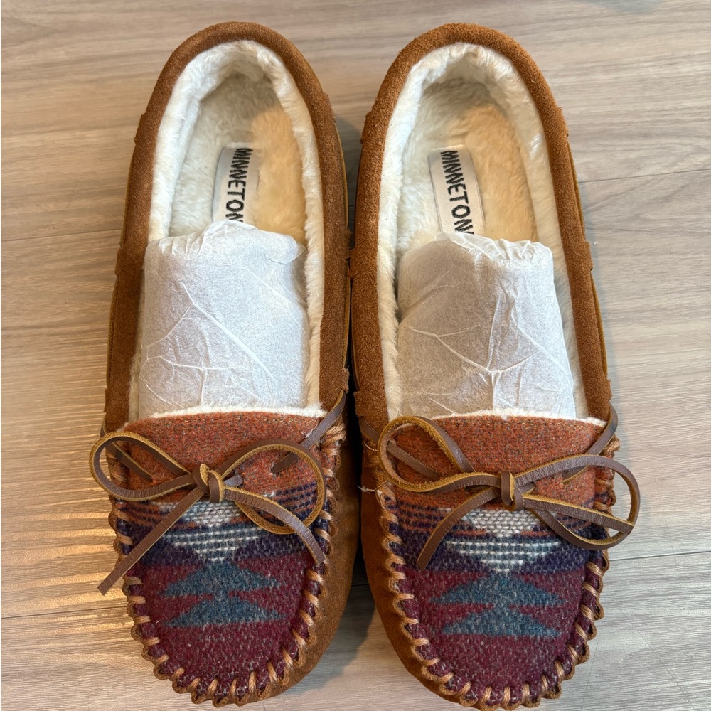 Minnetonka Tan and Multicolor Patterned Moccasins